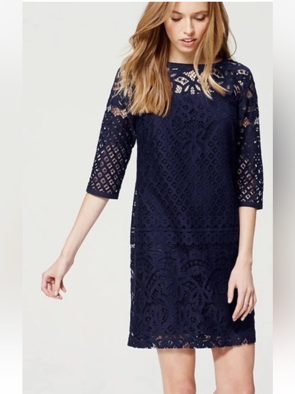 LOFT Navy Lace Shift Dress with Three-Quarter Sleeves Size 00P Petite